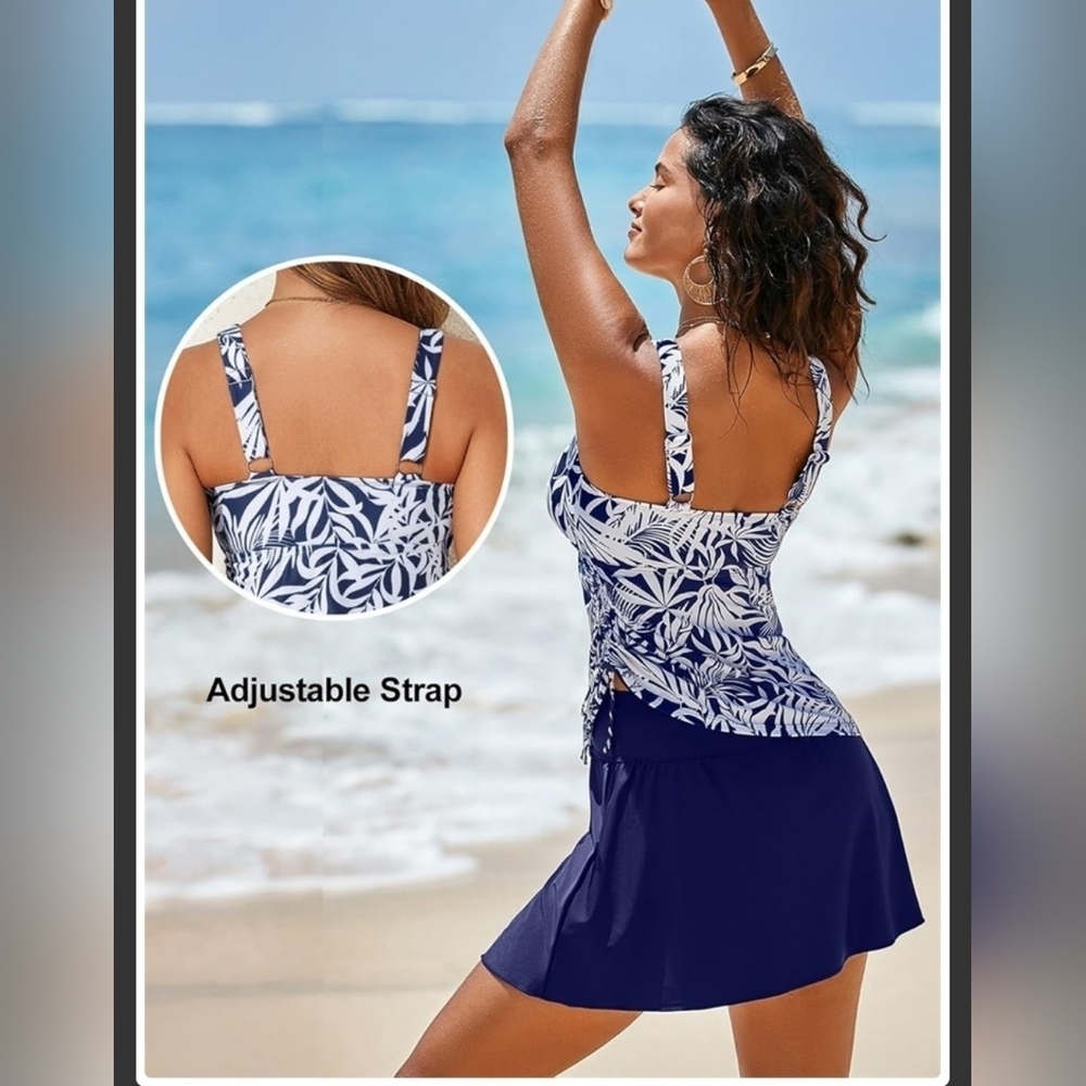 Women's Blue Leaf Print Tankini With Skirt Swimwear - Picture 3 of 5